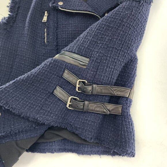 REBECCA TAYLOR Moto Tweed Vest Lamb Leather Trim Zip Up Navy Blue - Picture 4 of 6